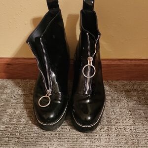 Zara Black Patent Ankle Boots with Silver Zipper